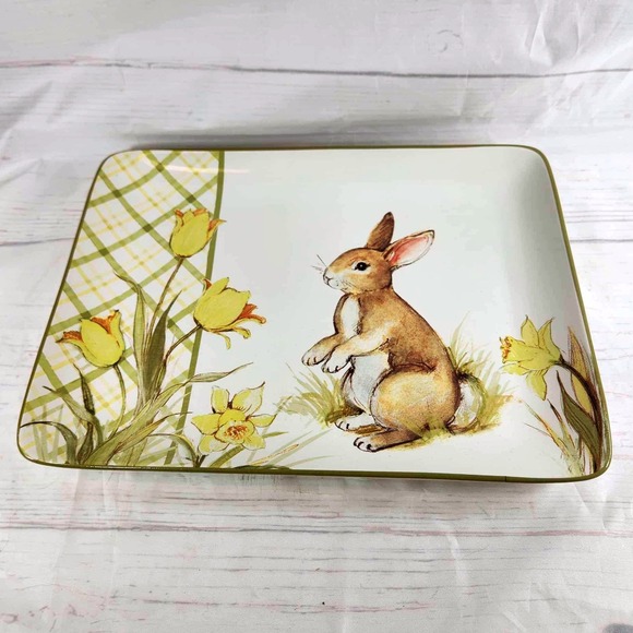 Certified International Easter Bunny Daffodil Tulips Serving Plate Ceramic Tray - Picture 1 of 6